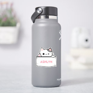 Personalised Cute White Grey Cat Name Sticker