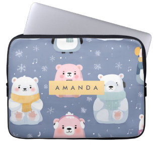 Personalised Cute Winter Bear & Penguin Pattern  Laptop Sleeve