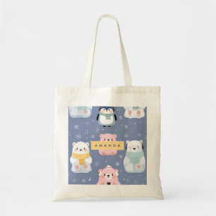 Personalised Cute Winter Bear & Penguin Pattern  Tote Bag