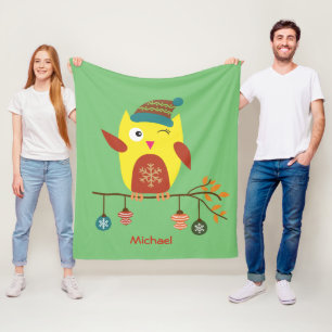 Personalised Cute Winter Owl Christmas llustration Fleece Blanket