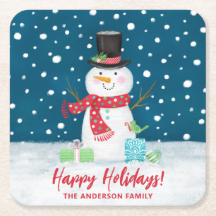 Personalised Cute Winter Snowman Christmas Square Paper Coaster