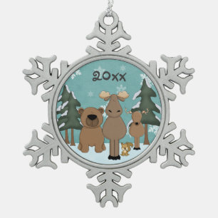Personalised Cute Woodland Animals Christmas Snowflake Pewter Christmas Ornament