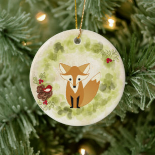 Personalised Cute Woodland Fox and Holiday Wreath Ceramic Tree Decoration