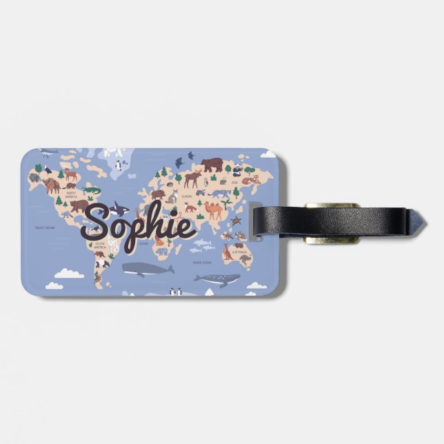 Personalised cute World map kids luggage tag (Back Horizontal)