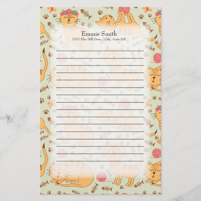 Personalised Cute Yellow Cats Stationery (Front)