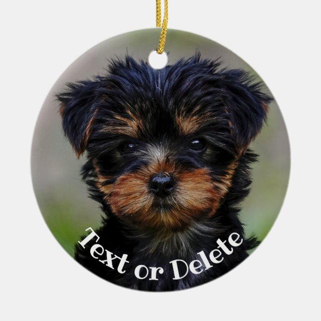 Personalised Cute Yorkie Puppy Ceramic Tree Decoration (Front)