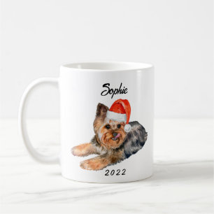 Personalised Cute Yorkie with Santa Hat Watercolor Coffee Mug