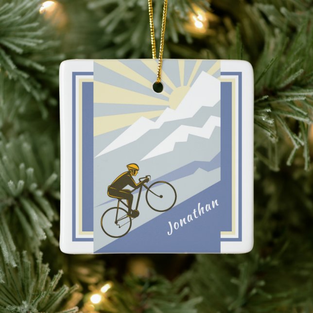 Personalised Cyclist Biking up Mountain Road Bike Ceramic Ornament (Tree)