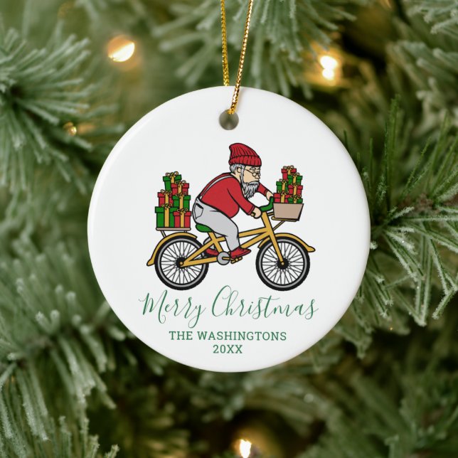 Personalised Cyclist Santa Christmas Ceramic Tree Decoration (Tree)