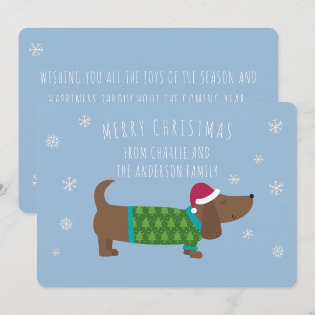 Personalised Dachshund Blue Cartoon Christmas Card (Front/Back)