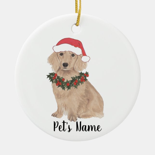 Personalised Dachshund (Long Haired, Red) Ceramic Tree Decoration (Front)