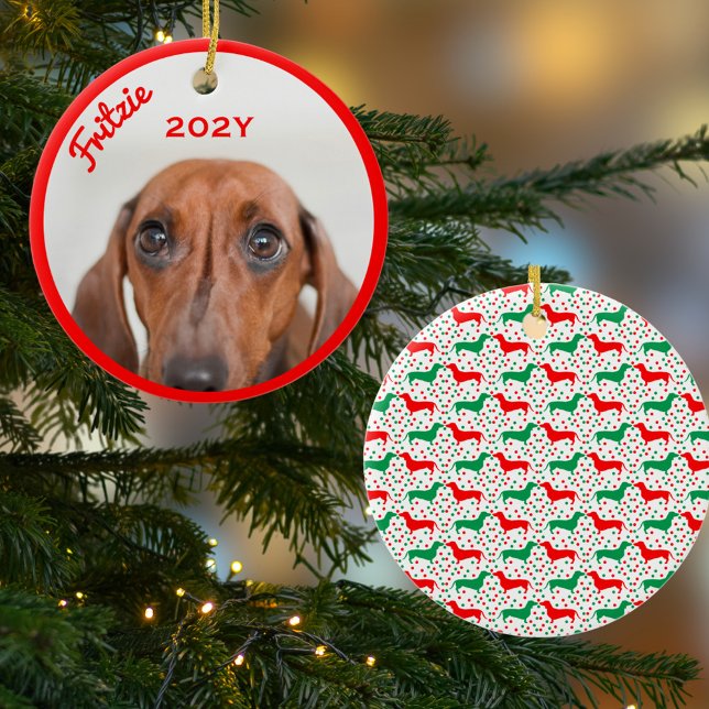 Personalised Dachshund Photo Year  Ceramic Tree Decoration (Personalized Photo Ornament with Name Year on Front. Cute Red and Green Dachshund pattern on back.)
