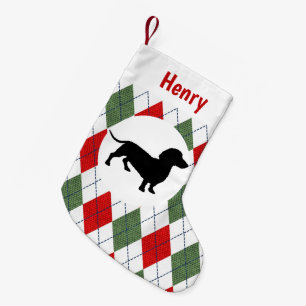 Personalised Dachshund Red And Green Argyle Small Christmas Stocking