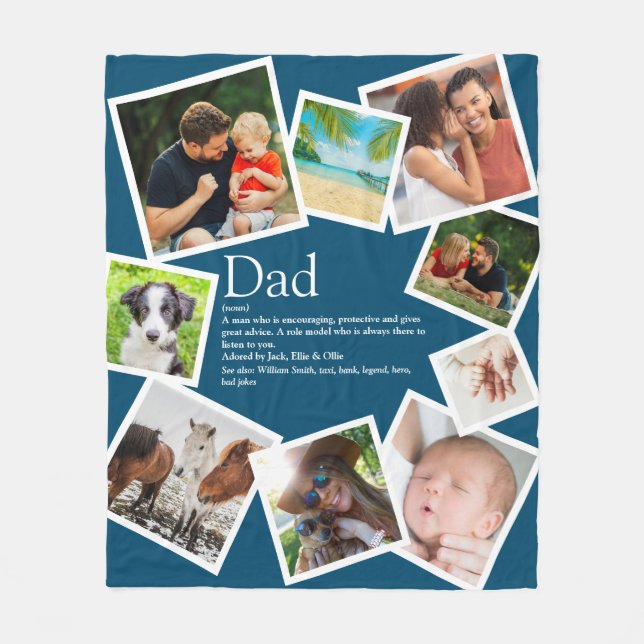 Personalised Dad Definition 9 Photo Collage Blue Fleece Blanket (Front)