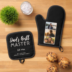 Personalised Dad's Grill Master 3 Photo Oven Mitt & Pot Holder Set