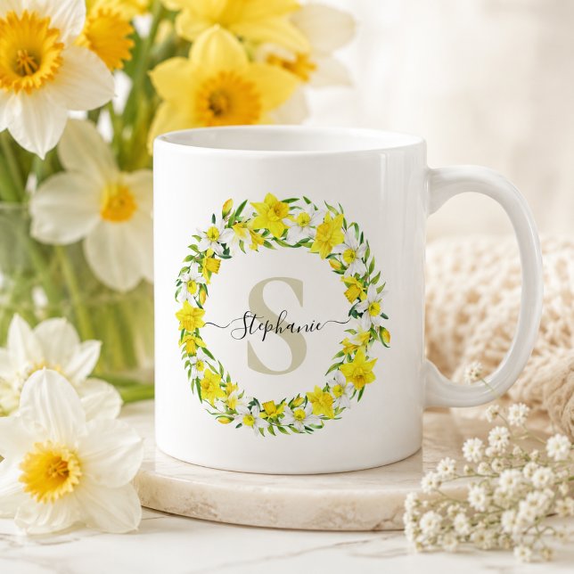 Personalised Daffodil Monogram Coffee Mug (Add your name & initial to personalize)