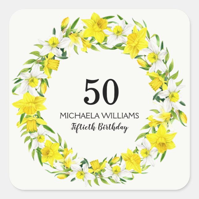 Personalised Daffodils Garland 50th Birthday Square Sticker (Front)