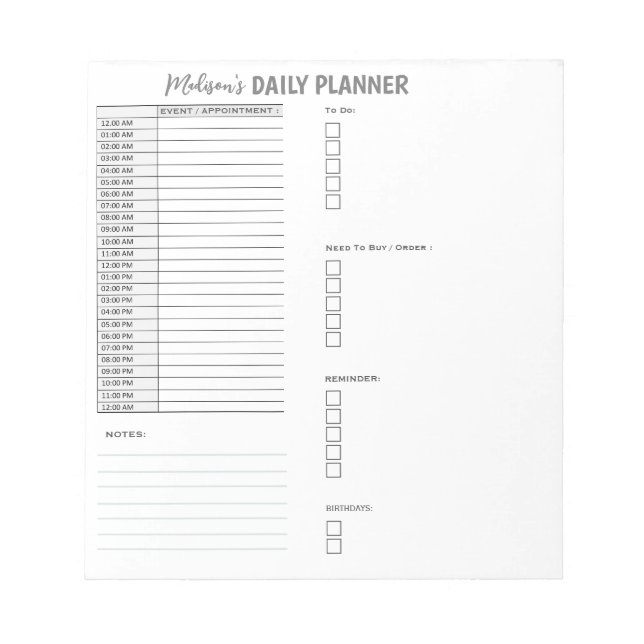 Personalised Daily Planner To Do List Organiser Notepad (Front)