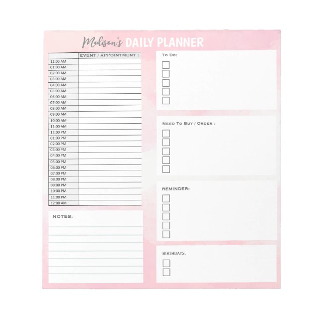 Personalised Daily Planner To Do List Organiser Notepad (Front)