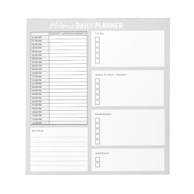 Personalised Daily Planner To Do List Organiser Notepad (Front)
