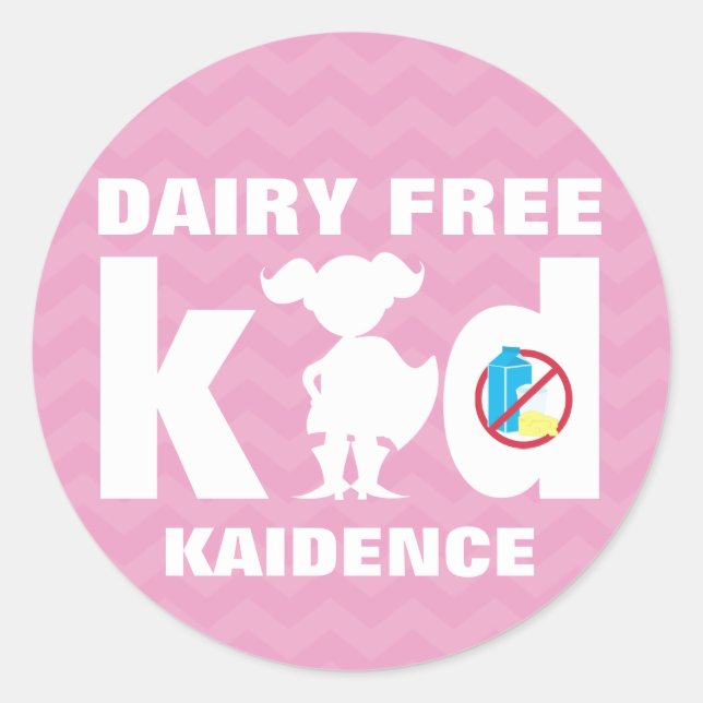 Personalised Dairy Free Super Girl Pink Chevron Classic Round Sticker (Front)