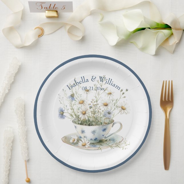 Personalised Daisy & Faded Blue Denim Flowers Paper Plate (Wedding)