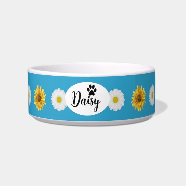Personalised Daisy Floral Ceramic Pet Bowl (Front)