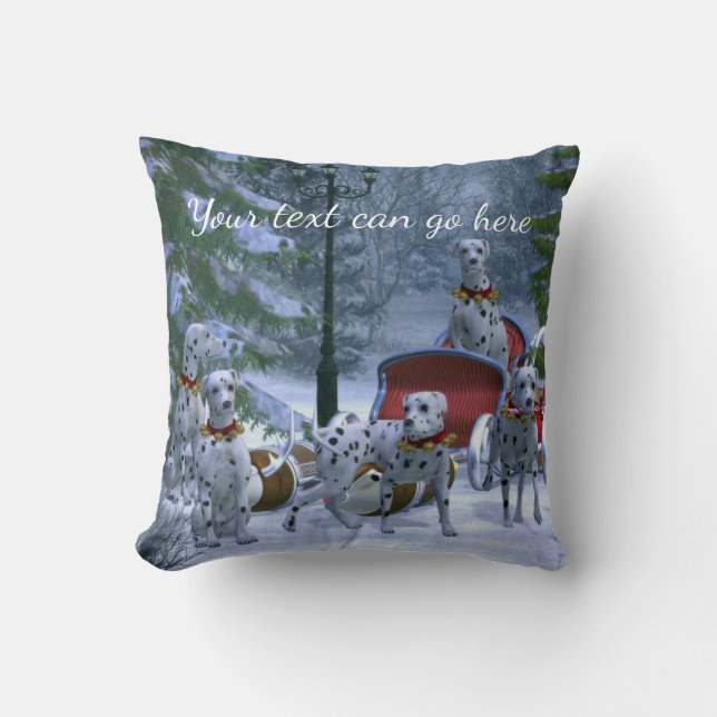 Personalised Dalmatians, Sleigh & Snow Christmas Cushion (Front)