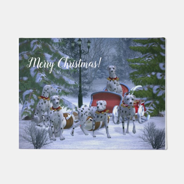 Personalised Dalmatians, Sleigh & Snow Christmas Doormat (Front)