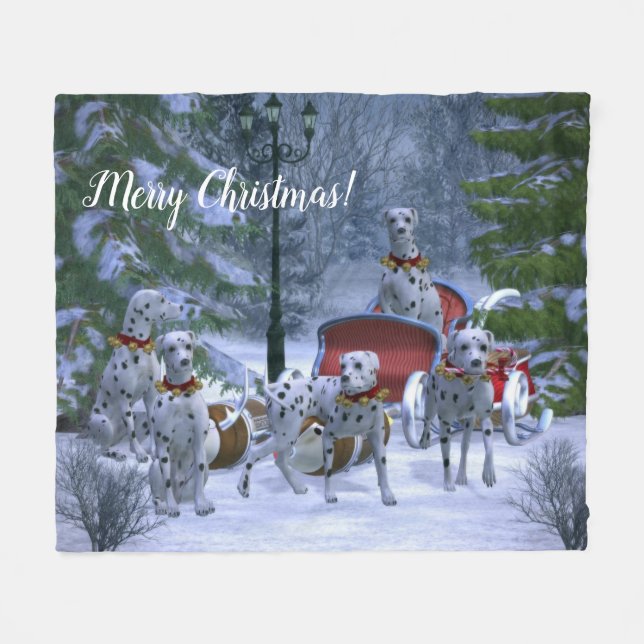 Personalised Dalmatians, Sleigh & Snow Christmas Fleece Blanket (Front (Horizontal))