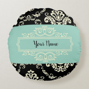 Personalised Damask Green and Black Round Pillow