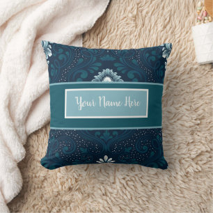 Personalised Damask Peacock and Cyan Pillow