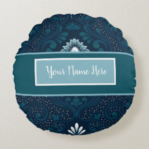 Personalised Damask Peacock and Cyan Round Pillow