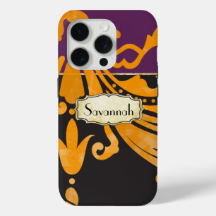 Personalised Damask Purple Yellow Gold Floral iPhone 15 Pro Case