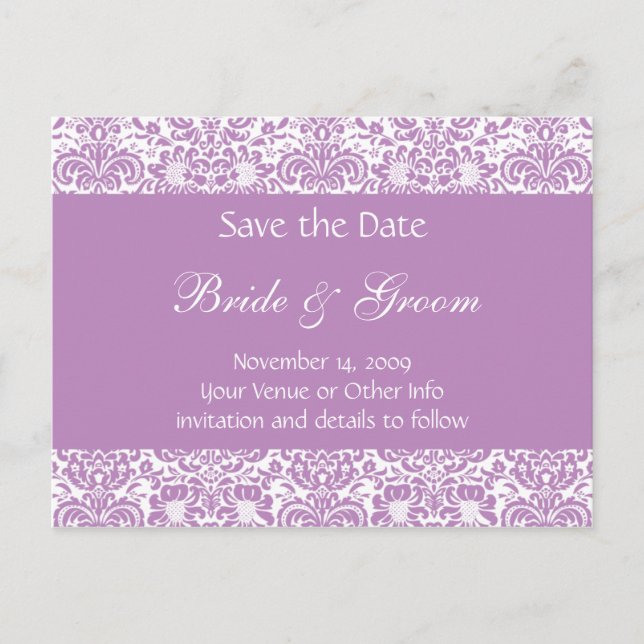 Personalised Damask Save the Date Announcement Postcard (Front)