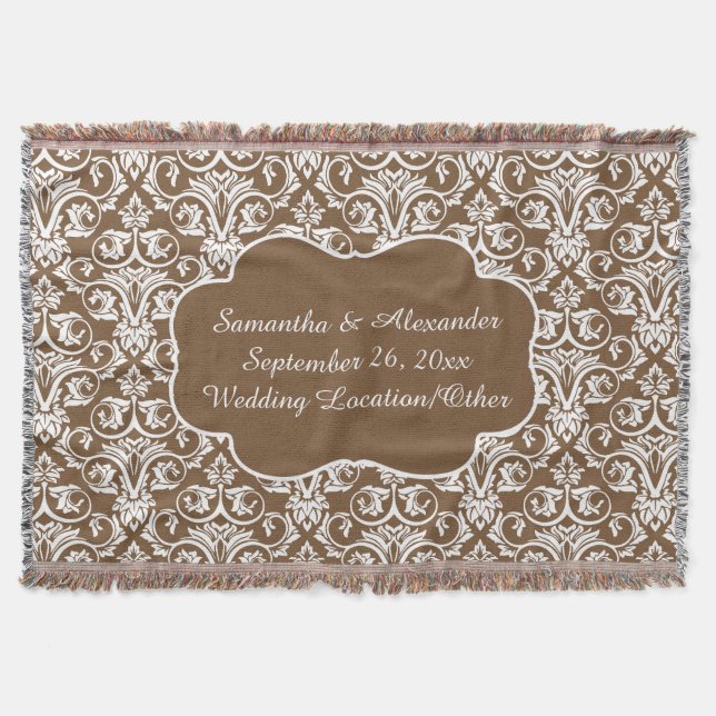 Personalised Damask Wedding/Custom Sand/White Throw Blanket (Front)