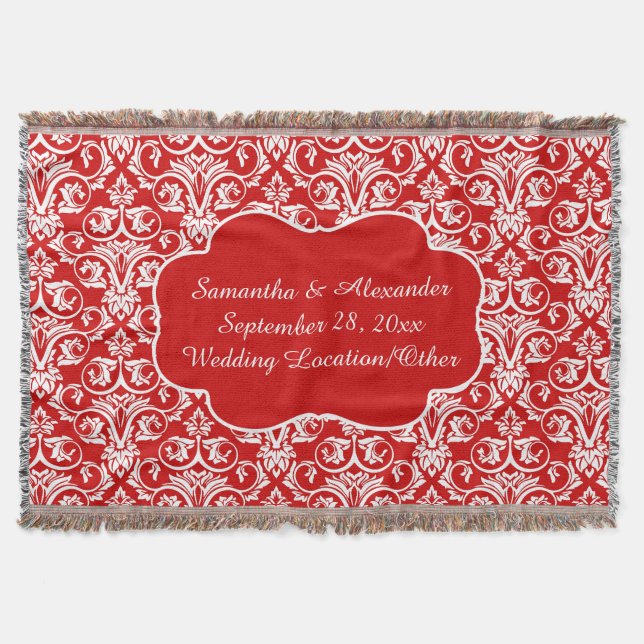 Personalised Damask Wedding/Keepsake Custom Red Throw Blanket (Front)