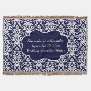 Personalised Damask Wedding/Keepsake Navy Blue Throw Blanket