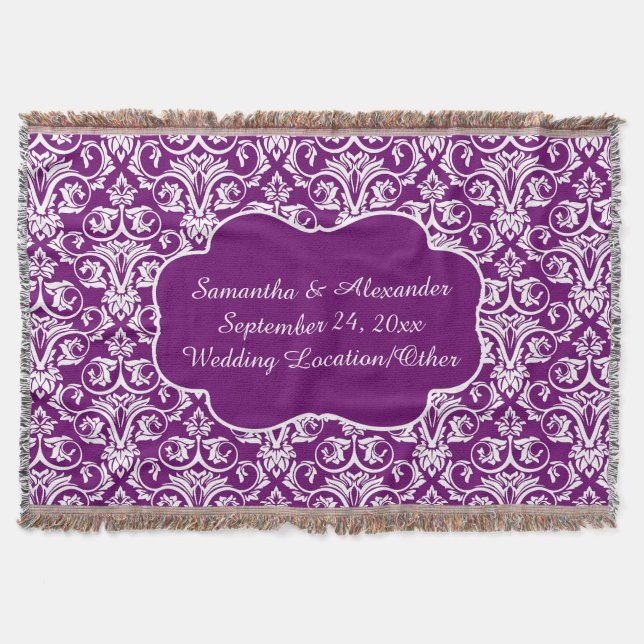 Personalised Damask Wedding/Keepsake Purple Throw (Front)