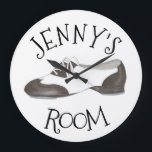 Personalised Dance Shoe Tap Dancer Tapper Gift Large Clock<br><div class="desc">Features an original illustration of a black-and-white oxford style tap dance shoe. Perfect for your favourite dance teacher, studio owner, or tapper! Simply personalise with your information. Don't see what you're looking for? Need help with customisation? Click "rebeccaheartsny" (upper right corner) then "contact this designer" to have something created just...</div>