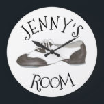 Personalised Dance Shoe Tap Dancer Tapper Gift Large Clock<br><div class="desc">Features an original illustration of a black-and-white oxford style tap dance shoe. Perfect for your favourite dance teacher, studio owner, or tapper! Simply personalise with your information. Don't see what you're looking for? Need help with customisation? Click "rebeccaheartsny" (upper right corner) then "contact this designer" to have something created just...</div>