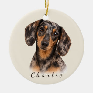 Personalised Dapple Dachshund with Custom Name Ceramic Tree Decoration