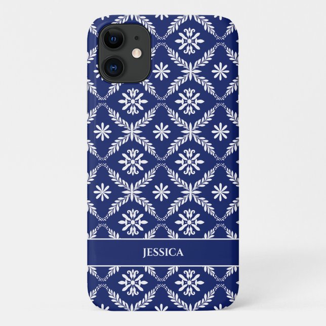Personalised Dark Blue and White Geometric Floral Case-Mate iPhone Case (Back)