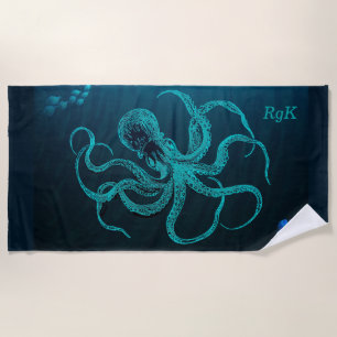Personalised Dark Blue BG with Octopus & Fish Beach Towel