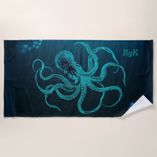 Personalised Dark Blue BG with Octopus & Fish  Beach Towel (Front)