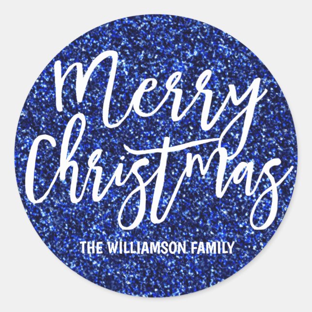 Personalised Dark Blue Glitter Merry Christmas Classic Round Sticker (Front)