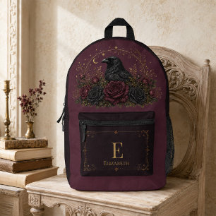 Personalised Dark Burgundy Gothic Raven Roses Printed Backpack