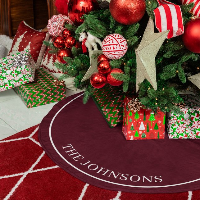 Personalised Dark Cherry Fleece Tree Skirt (Family Name Personalized Dark Cherry Burgundy Red Fleece Tree Skirt)