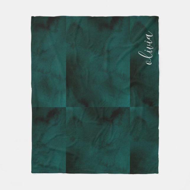 Personalised Dark Green Watercolor Monogram Name  Fleece Blanket (Front)