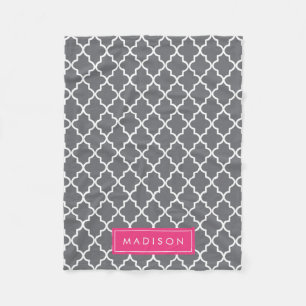 Personalised Dark Grey and Pink Quatrefoil Fleece Blanket